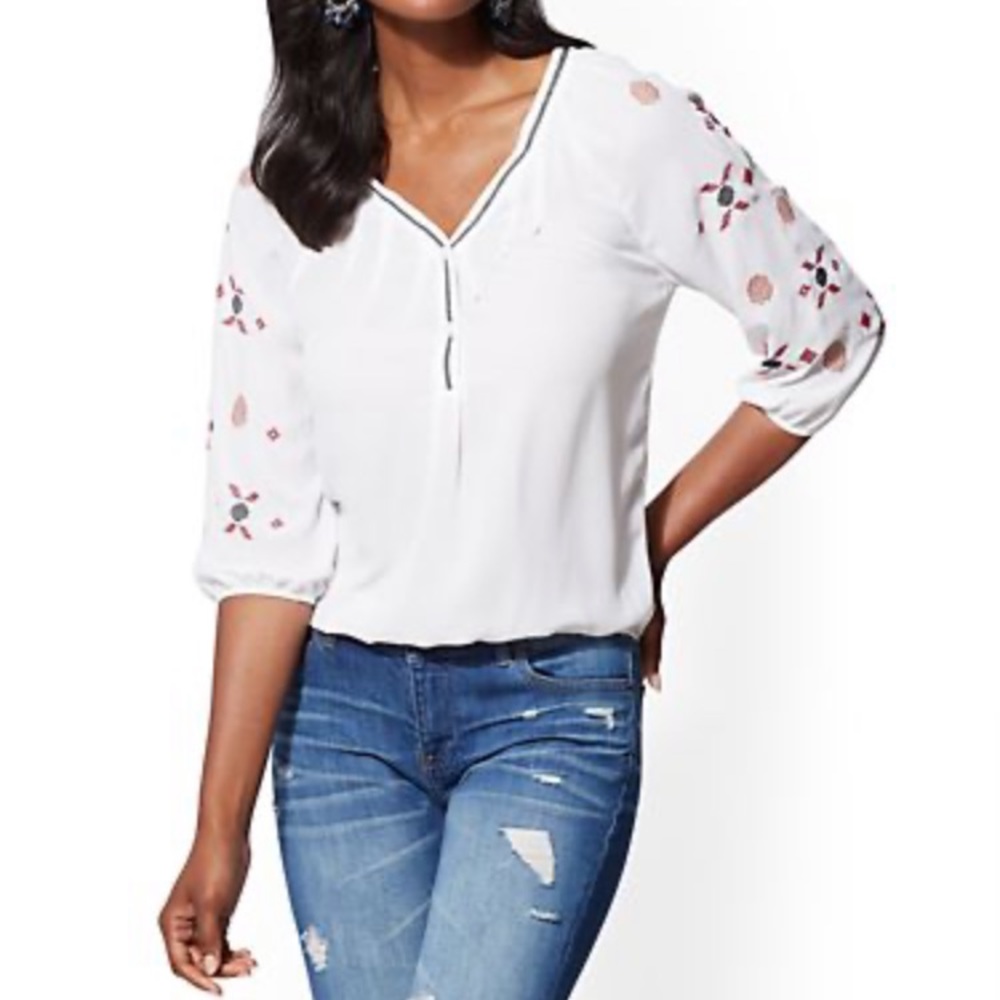 White Embroidered Peasant Blouse- Large